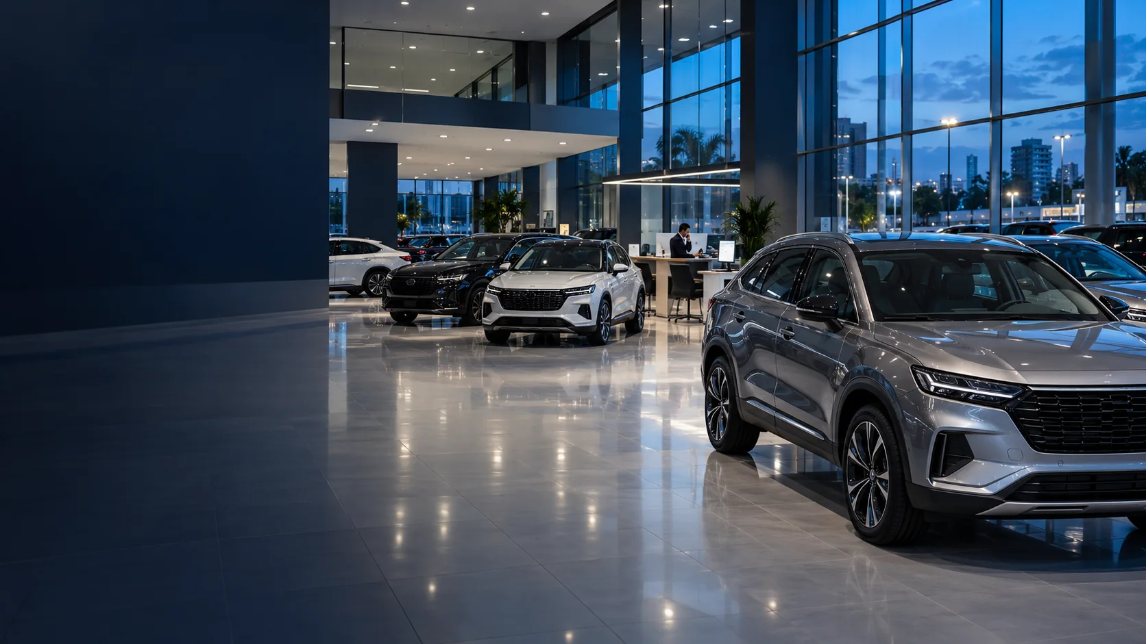 Revenda de veículos com SUVs e sedãs expostos em um showroom